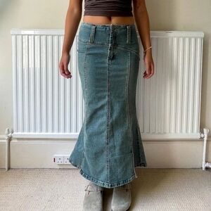 blue light wash denim maxi skirt with belt loops